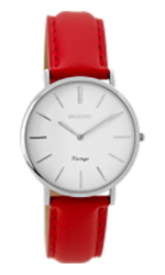 Oozoo - Uhr Vintage Series 32 mm Red Silber Lederband Rot mit weißem Ziffernblatt