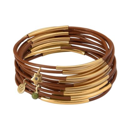 Sence Copenhagen - Lederarmbänder Urban Gypsy stack bracelet in matt gold and sahara sunset leather Rostbraun